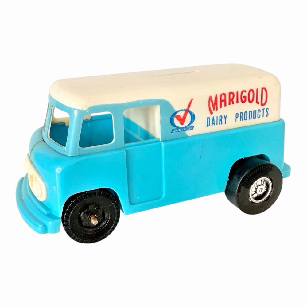 Vintage Marigold Dairy Products Milk Truck Coin Piggy Bank Plastic Blue White